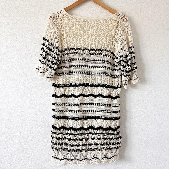Zara Ivory Black Stripe Crochet Knit Short Sleeve Mini Dress Blogger Fav - Picture 6 of 9